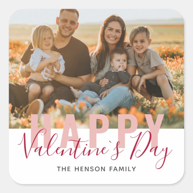 Rosa Red Valentine Day Script Family Foto Quadratischer Aufkleber (Vorderseite)
