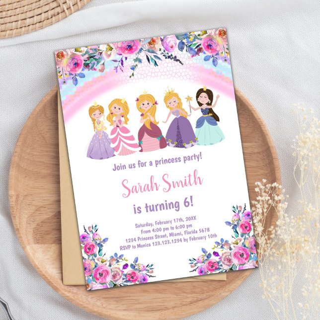 Rosa Regenbogen Bläserin Prinzessin Geburtstagsein Einladung (Pink Rainbow Floral Princess Birthday Invitations)