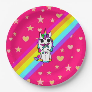 Rosa Regenbogen Einhorn mit Schmetterling auf Nase Pappteller