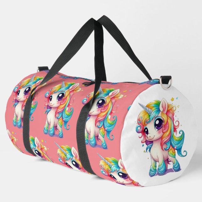 Rosa Regenbogen Girly Unicorn Groß Duffle Bag (Linke Ecke)