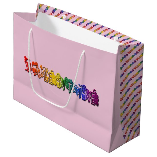 Rosa Regenbogen Text Herz Valentine Große Geschenktüte (Vorderseite Schrägansicht)