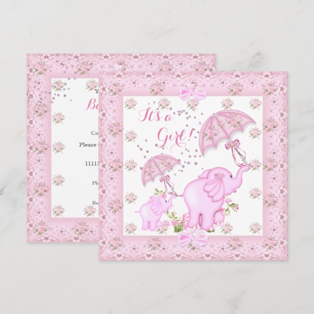 Rosa Regenschirm Elephant Calf Baby Shower Girl 2 Einladung (Vorne/Hinten)