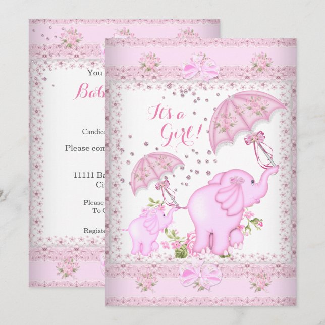 Rosa Regenschirm Elephant Calf Baby Shower Girl Einladung (Vorne/Hinten)