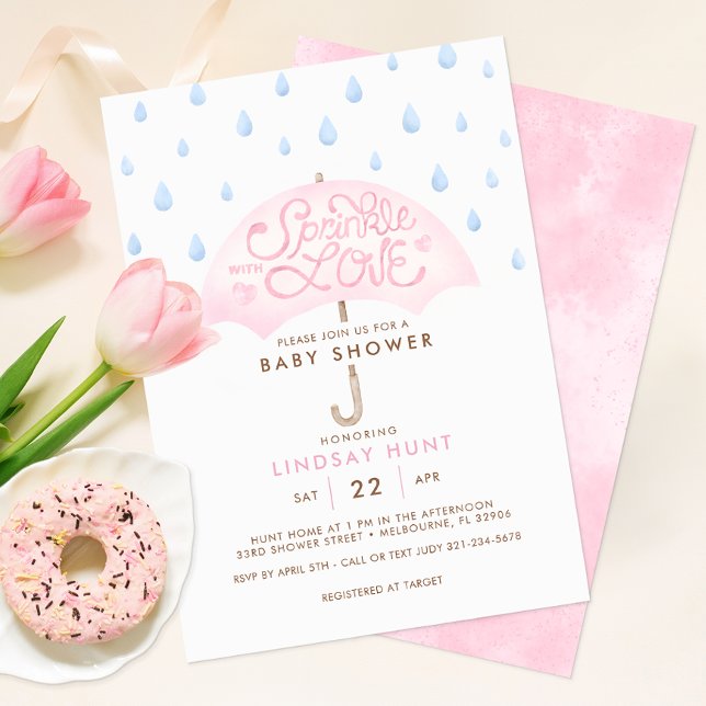 Rosa Regenschirm Sprinkle Kinderdusche Einladung (Sprinkle with Love Girl Baby Shower Invitation)