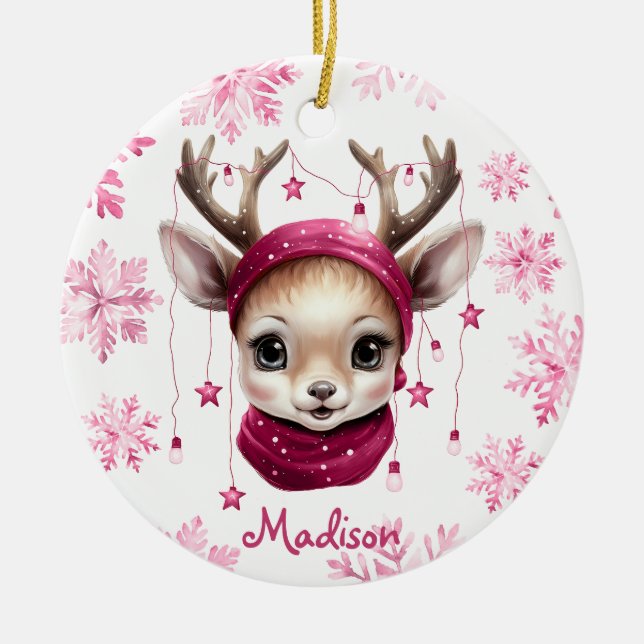 Rosa Rentier Personalisiert Kids Tasse Keramik Ornament (Vorne)