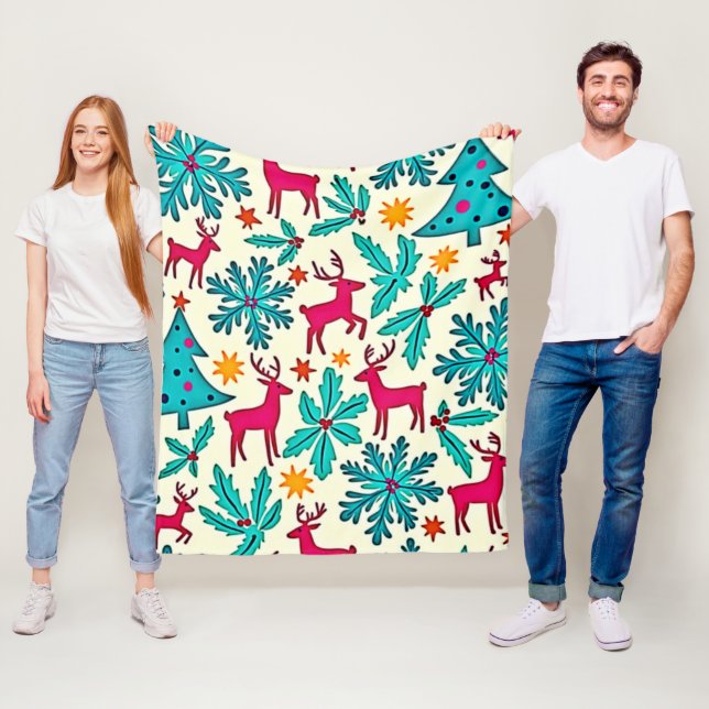 Rosa-Rentier-Tealbaum-Musterdesign Fleecedecke (Beispiel)
