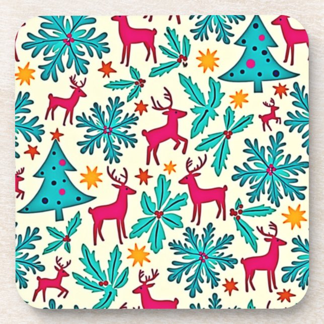 Rosa-Rentier-Tealbaum-Musterdesign Getränkeuntersetzer (Vorderseite)