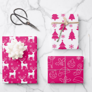 Rosa Rentier, Weihnachtsbaum und Urlaubsmuster Geschenkpapier Set