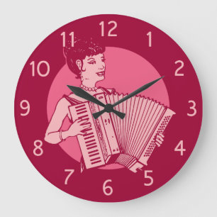Rosa Retro Akkordeon-Dame Große Wanduhr