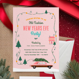 Rosa Retro-Auto Altmodische Silvesterparty Einladung