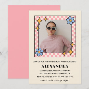 Rosa Retro-Blumen-Foto-Einladung zum 34. Geburtsta Einladung