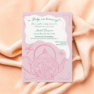 Rosa Retro Bows Teekanne Baby Brauen Dusche Einladung