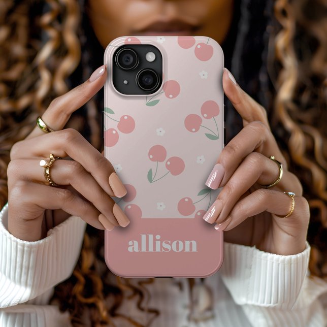 Rosa Retro Cherries Individuelle Name Monogramm Case-Mate iPhone Hülle (Von Creator hochgeladen)