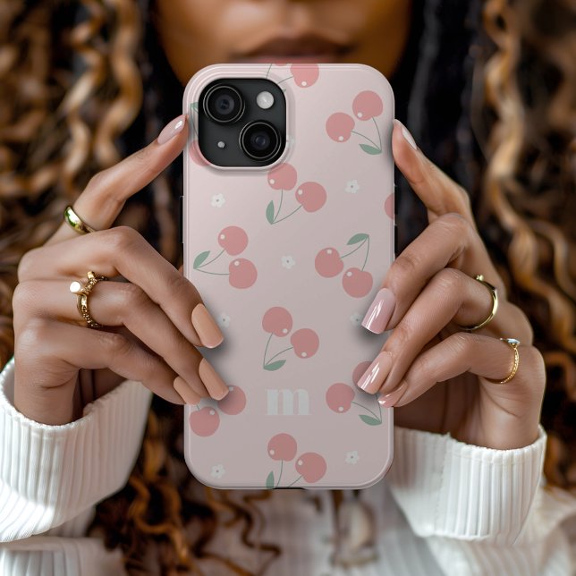 Rosa Retro Cherries Individuelle Name Monogramm Case-Mate iPhone Hülle (Von Creator hochgeladen)