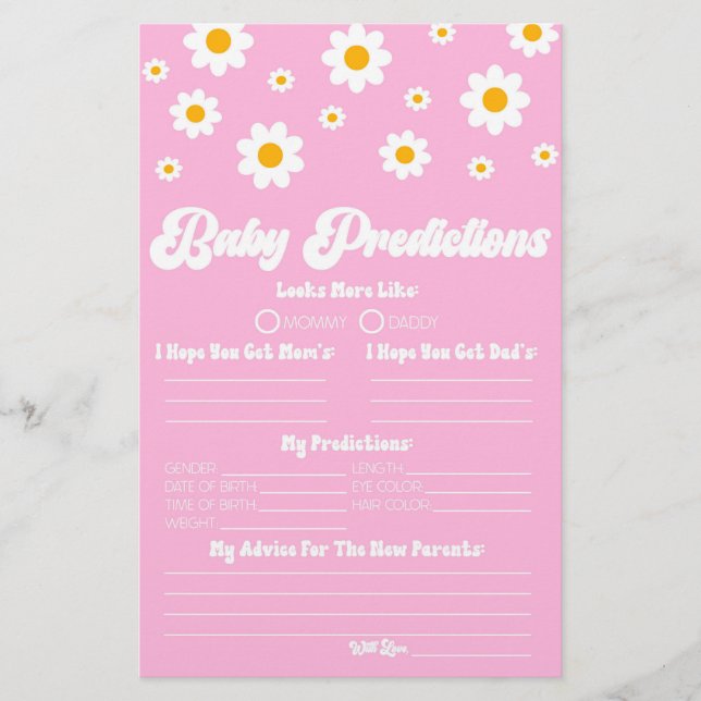 Rosa Retro Daisy Baby Shower Vorhersageaktivität Briefpapier (Vorderseite)