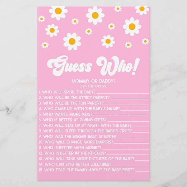 Rosa Retro Daisy Guess Who! Baby Shower Game Briefpapier (Vorderseite)