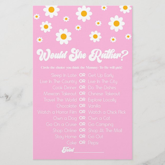 Rosa Retro Daisy würde sie eher Baby Dusche Spiel Briefpapier (Vorderseite)