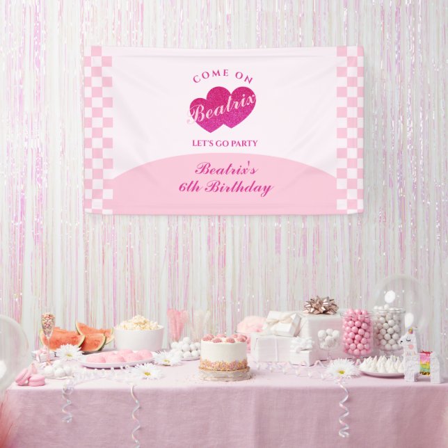 Rosa Retro Doll Foto Geburtstag Banner (Party)