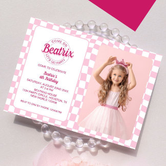 Rosa Retro Doll Foto Geburtstag Einladung