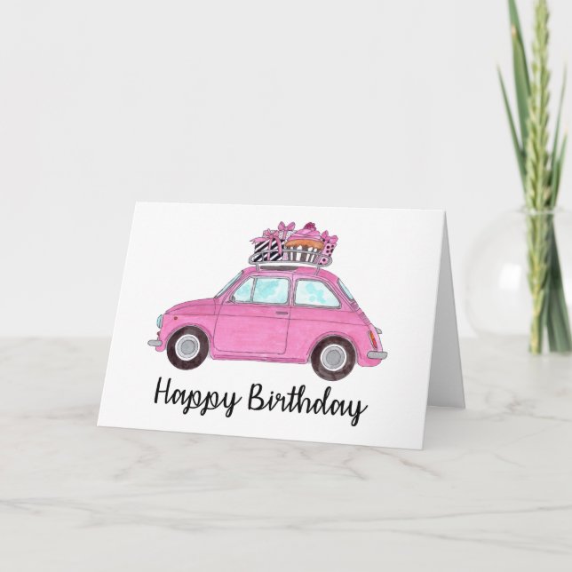 Rosa Retro Fiat 500 Geburtstag Karte (Vorderseite)