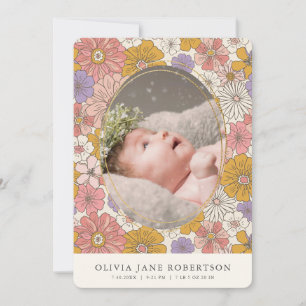 Rosa Retro Floral Girl Foto Geburtsankündigung Einladung