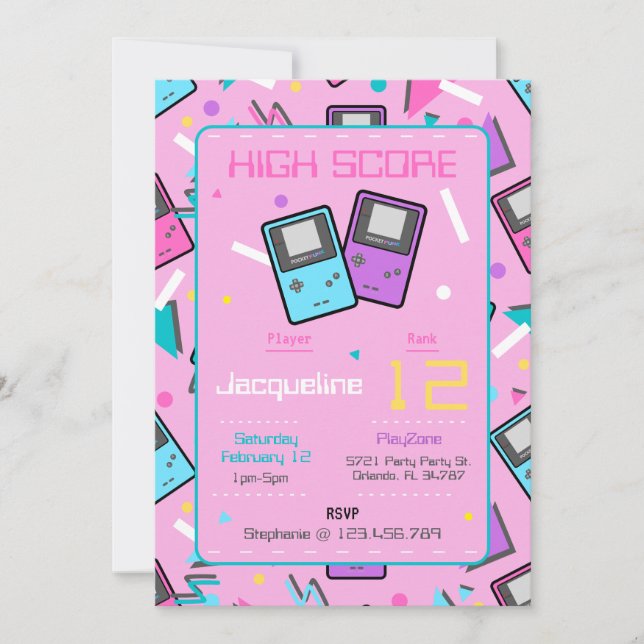 Rosa Retro Gaming Geburtstag Einladung (Vorderseite)