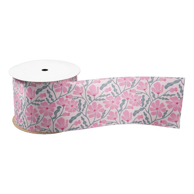 Rosa Retro Hand gezeichnet Blumenmuster Satinband (Spule)