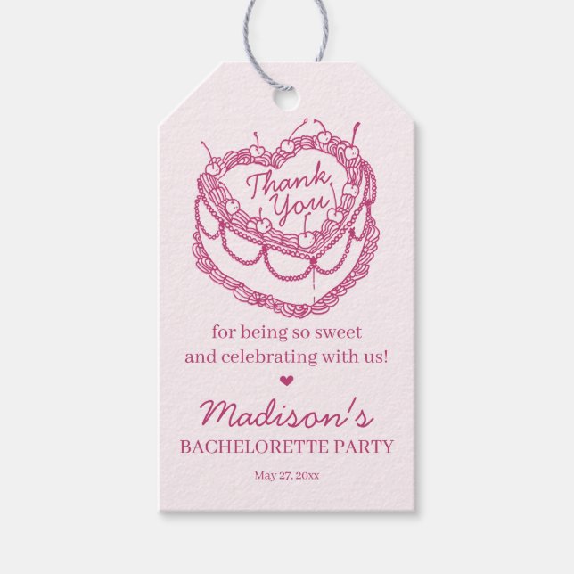 Rosa Retro Herz Coquette Cherry Cake Bachelorette Geschenkanhänger (Vorderseite)