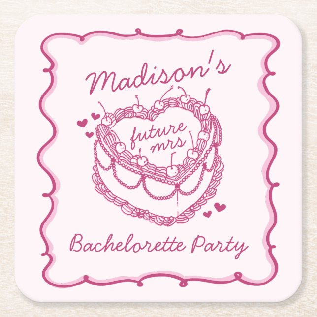 Rosa Retro Herz Coquette Cherry Cake Bachelorette Rechteckiger Pappuntersetzer (Vorderseite)