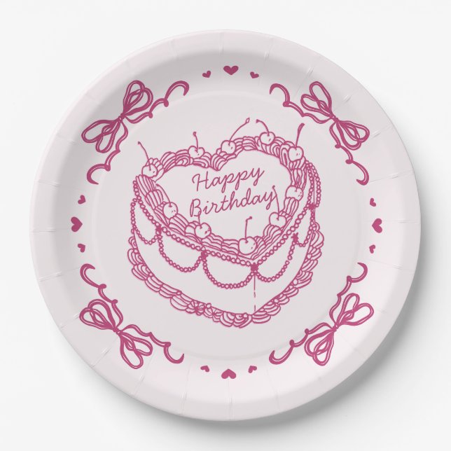 Rosa Retro Herz Coquette Cherry Cake Birthday Pappteller (Vorderseite)