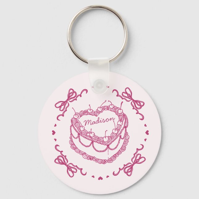 Rosa Retro Herz Coquette Kirschkuchen Favoriten Schlüsselanhänger (Vorderseite)
