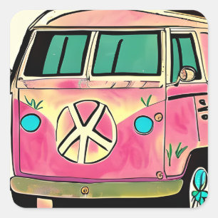 Rosa Retro-Hippie-Van in Vintagefarben Kunst Quadratischer Aufkleber