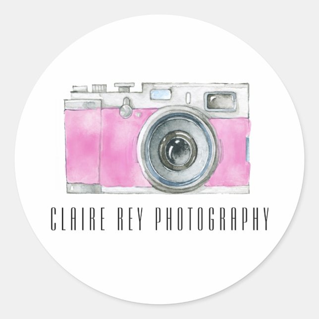 Rosa Retro-Kamera-Fotograf-Logo für die Aquarellfa Runder Aufkleber (Vorderseite)