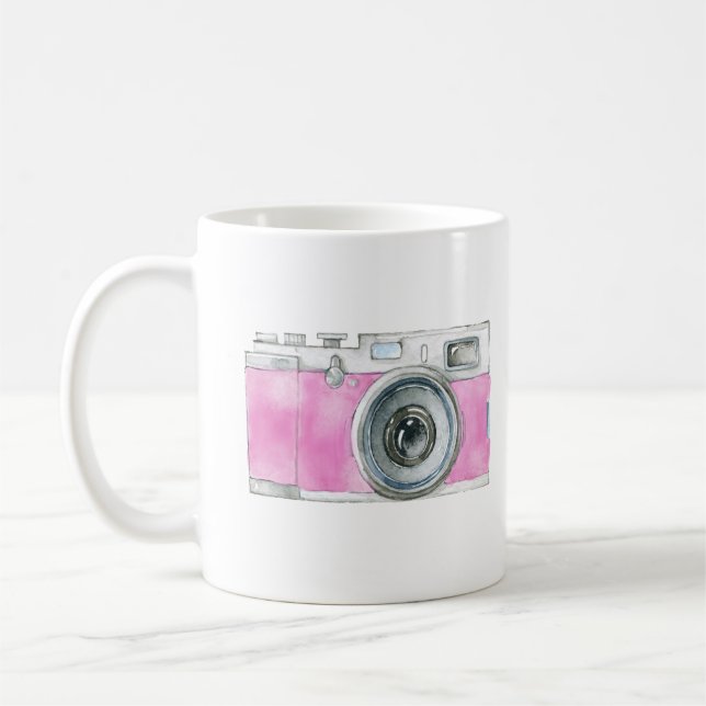 Rosa Retro-Kamera-Logo für die Aquarellfarben Kaffeetasse (Links)