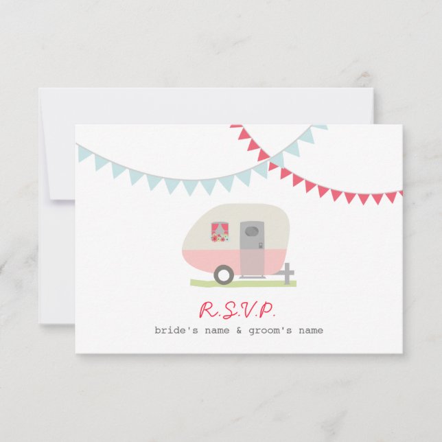 Rosa Retro Trailer & Bunting RSVP Karte (Vorderseite)