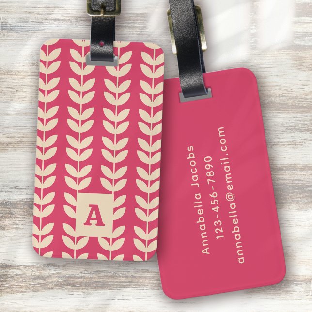 Rosa Retro Vibe Leaf Muster Monogramm Gepäckanhänger (Von Creator hochgeladen)