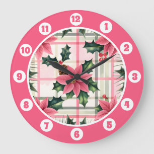 Rosa Retro-Weihnachten Floral Kariert Frohe Weihna Große Wanduhr