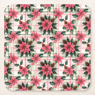Rosa Retro-Weihnachten Floral Kariert Frohe Weihna Rechteckiger Pappuntersetzer