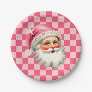 Rosa Retro Weihnachtsmann Rosa Tartan Karo Weihnac Pappteller