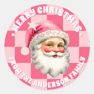 Rosa Retro-Weihnachtsmann Rosa Tartan Karo Weihnac Runder Aufkleber