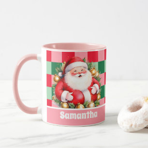 Rosa Retro-Weihnachtsmann-Tartan-Karo-Weihnachten Tasse