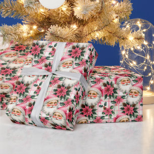 Rosa Retro Weihnachtsmann Weihnachten Floral Karie Geschenkpapier