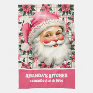 Rosa Retro Weihnachtsmann Weihnachten Floral Karie Geschirrtuch