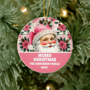 Rosa Retro Weihnachtsmann Weihnachten Floral Karie Keramik Ornament