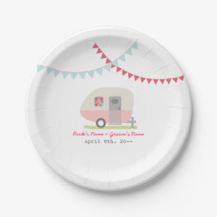 Rosa Retro-Wohnwagen-Hochzeit Pappteller