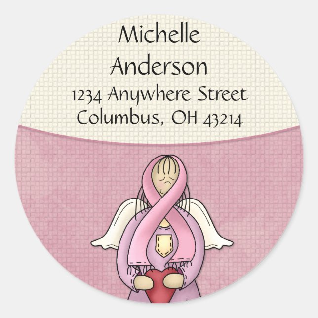 Rosa Ribbon Angel D1 Rücksendeadressen-Aufkleber Runder Aufkleber (Vorderseite)