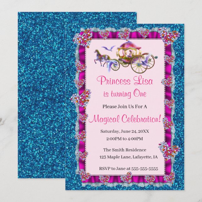 Rosa Ribbon Blue Glitzer Royal Princess Birthday Einladung (Vorne/Hinten)