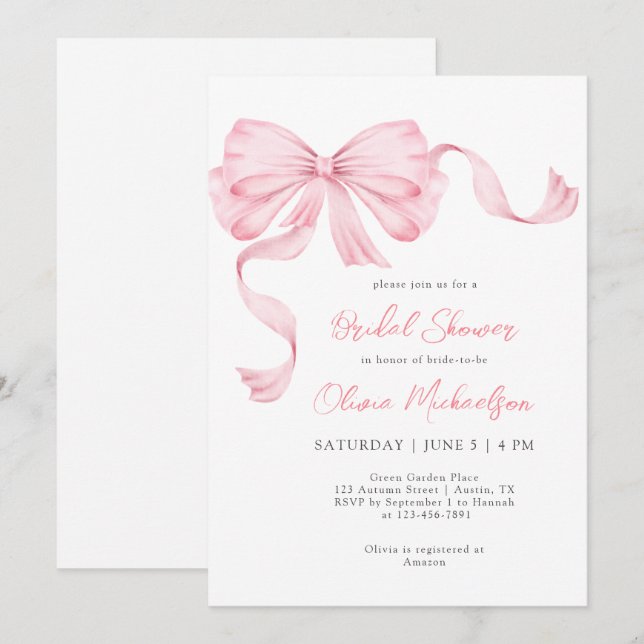 Rosa Ribbon Bow Coquette Minimalistisches Brautpar Einladung (Vorne/Hinten)