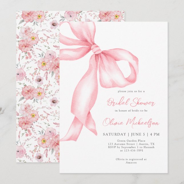 Rosa Ribbon Bow Floral Coquette Brautparty Einladung (Vorne/Hinten)