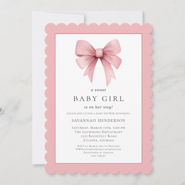 Rosa Ribbon Bow Girl Baby Dusche Einladung (Vorderseite)